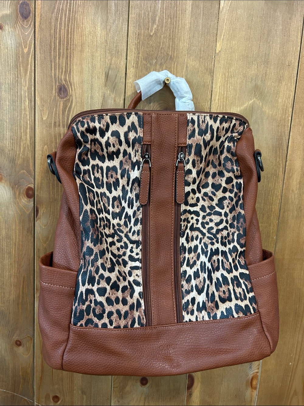 Leopard Print Brown Faux Leather Backpack Tote